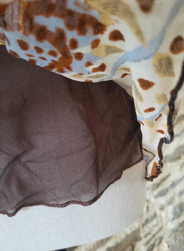 T-shirt blouse manches courtes à motifs marron bleu écru Afibel Taille 40 - photo numéro 5