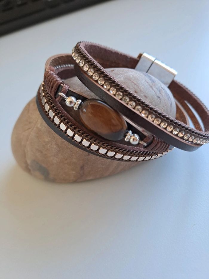 Bracelet cuir multi rangs perles et strass - photo numéro 3