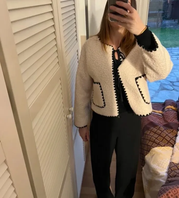 Veste Femme Sherpa Crème Finitions Noires - Taille S Neuve Mi-Saison Chic - photo numéro 2