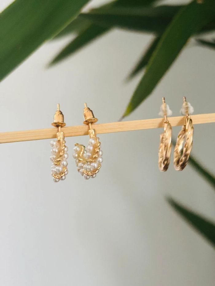 Lot boucle d’oreilles créole petite doré perlé torsadé bijoux femme - photo numéro 2