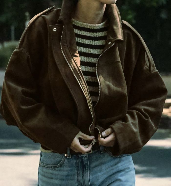 Zara Veste Bomber Effet Daim Marron Foncé - photo numéro 2