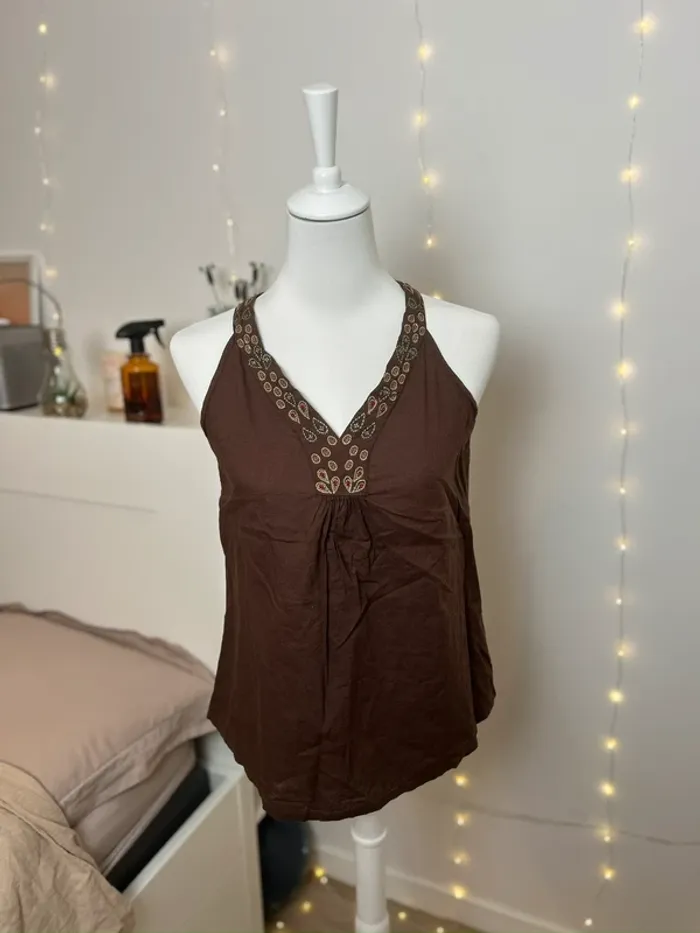 Débardeur vintage marron à broderies col V taille S/M