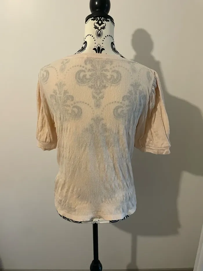 T-shirt à manches courtes col V rose clair effet gaufré Fashion Fit taille 38 - photo numéro 4