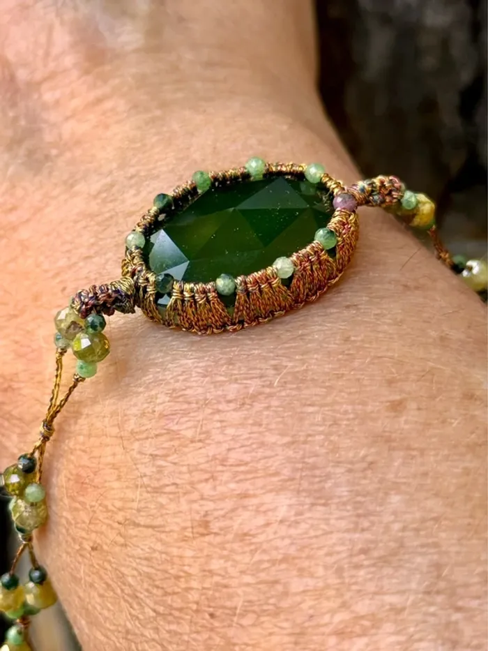 Bracelet bracelet cordons et fils tissés malachite jade et gros pavé perles d’eaux vert habaha Paris - photo numéro 6