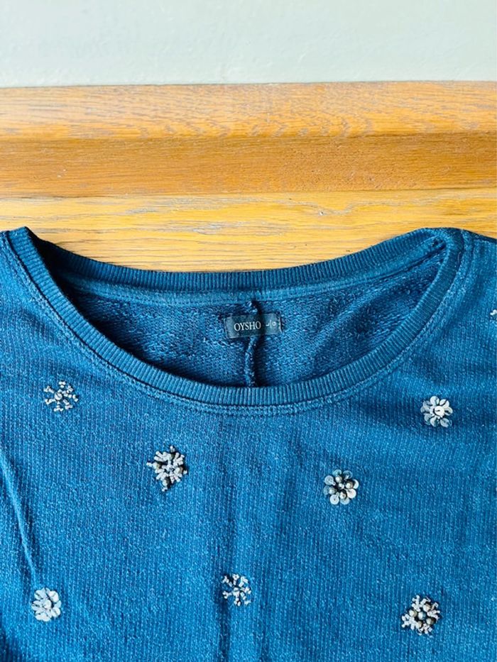 Sublime pull bleu marine oysho à perles brodé en coton taille L - photo numéro 4