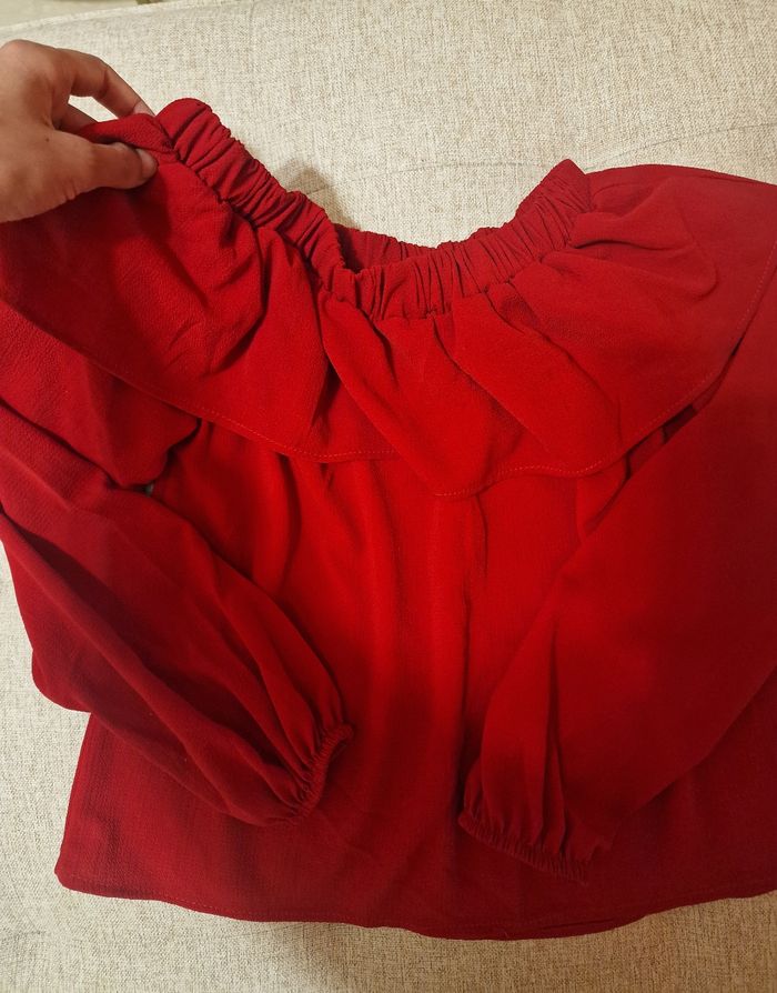 Chemisier à épaules dénudées et volants Rouge - photo numéro 4