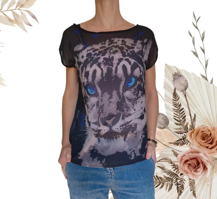 Blouse sans manches motif félin yeux bleus Pimkie S
