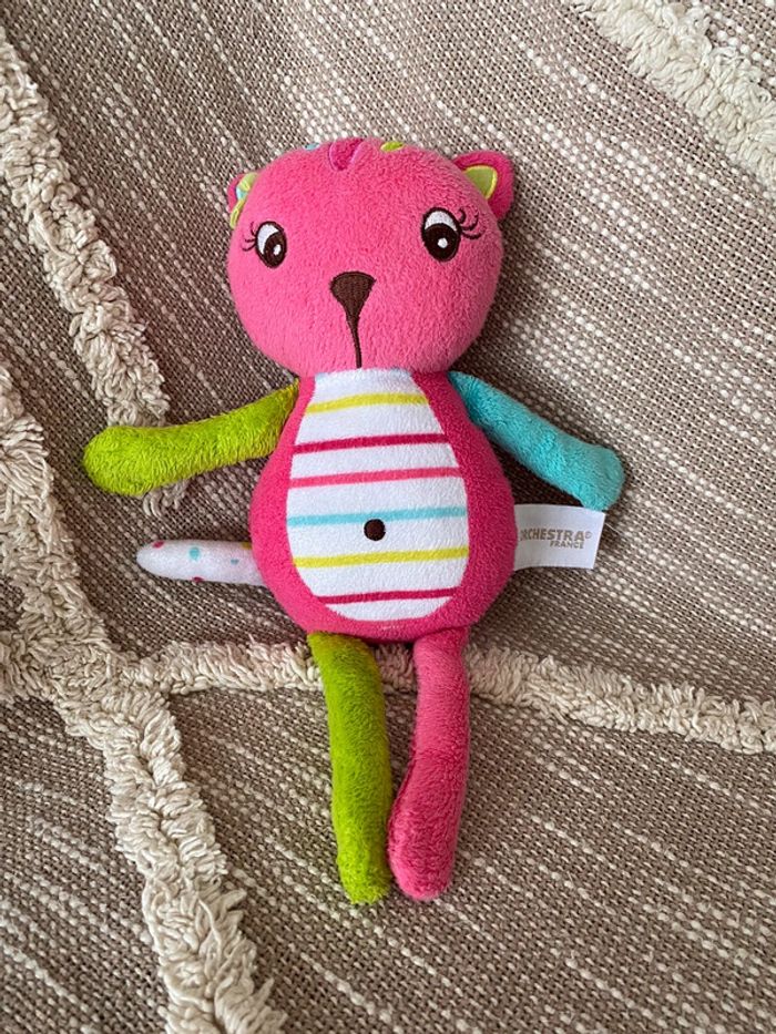Peluche Doudou 28cm orchestra ours chat rose et vert bleu rayé blanc très bon état