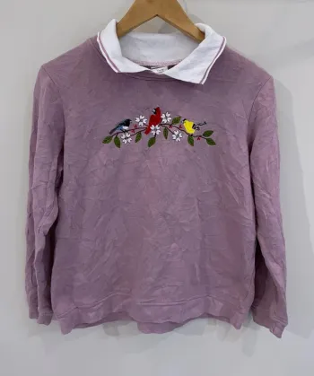 Vintage Adrian Delafield Collared Birds Flowers  Sweatshirt (1990s)