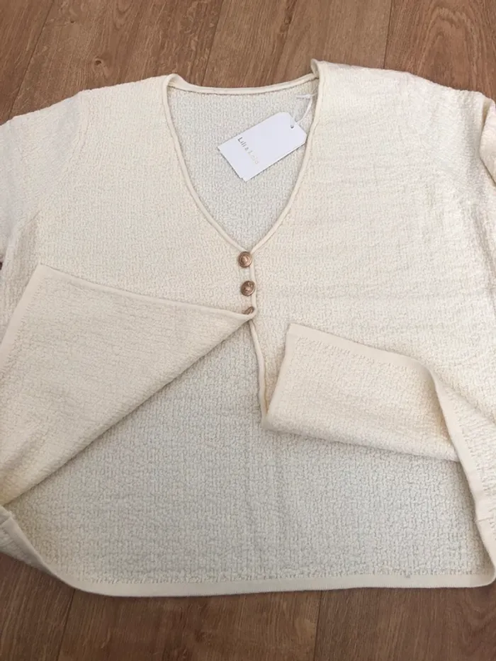 Haut petit pull beige bouton doré tendance été - photo numéro 4