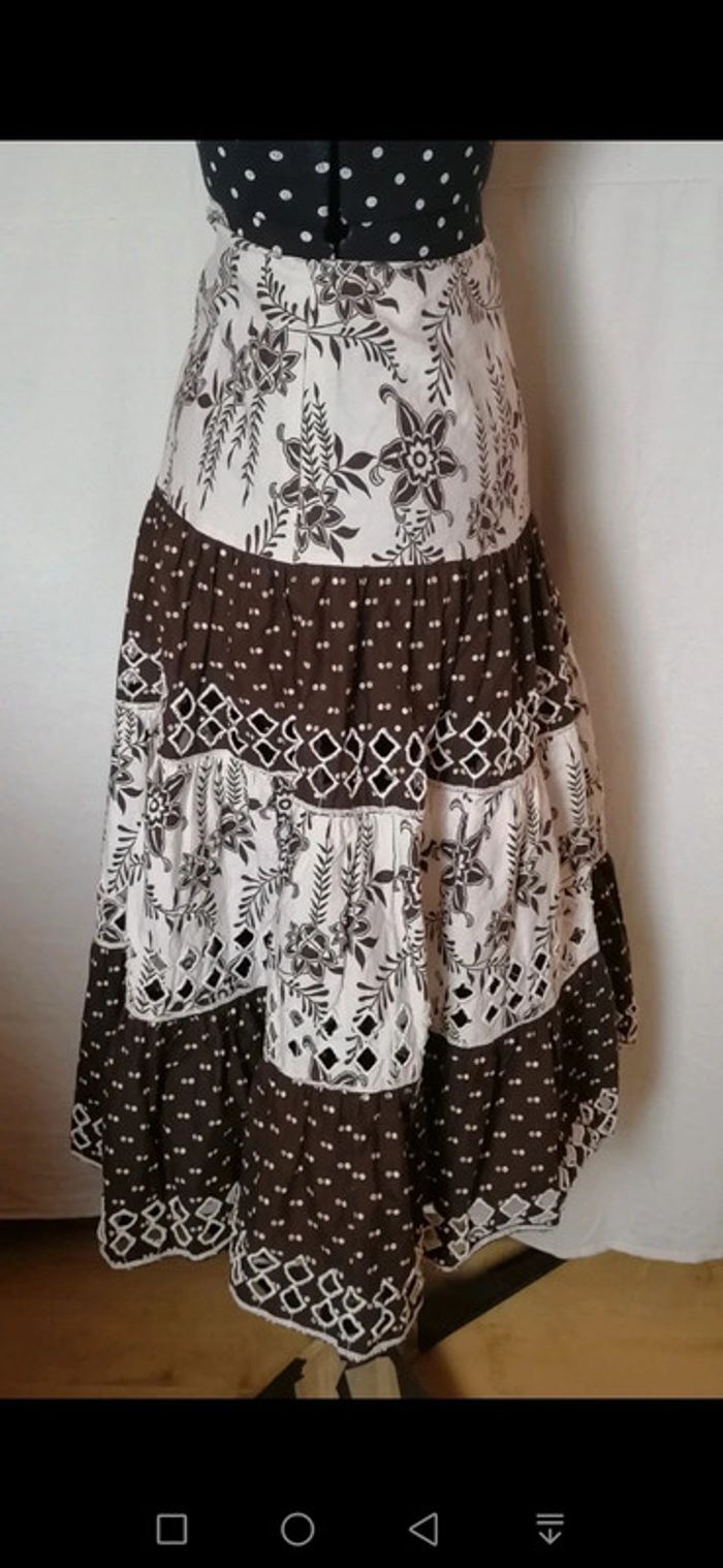 Jupe longue à broderie anglaise marron blanc Taille M - photo numéro 4