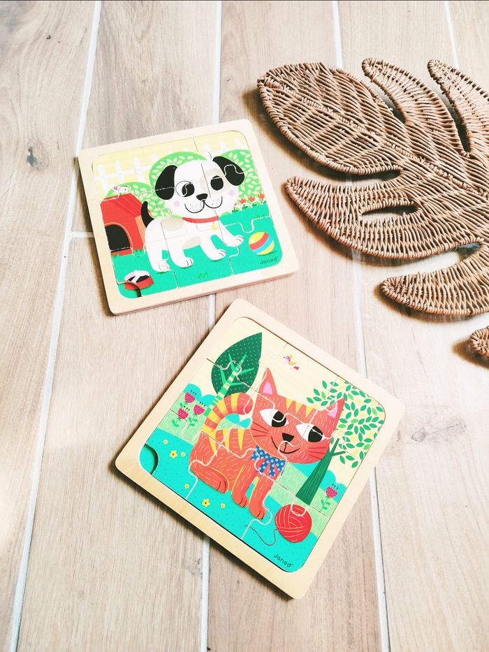 🐱Jeu d'éveil- Lot de 2 Puzzles en bois animaux chien et chat- marque Janod