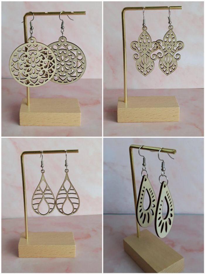 Lots de 4 paires de boucles d'oreilles en bois