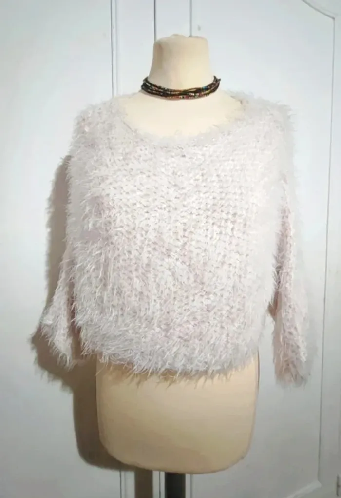 pull doux pilou pilou taille xs 34 blanc rose pailleté - photo numéro 4