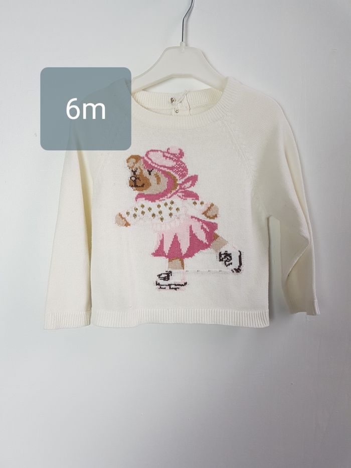 Pull hiver blanc motif patineuse rose 6 mois