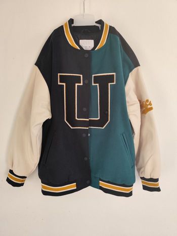 Veste Teddy ZARA Bicolore Vert Noir Lettre U Taille 11-12 Ans 152cm Style College Varsity
