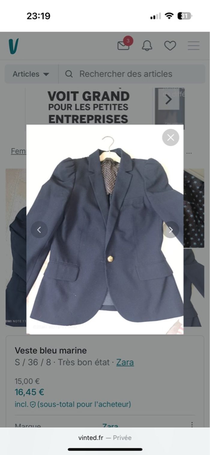 Veste zara bleu marine taille s