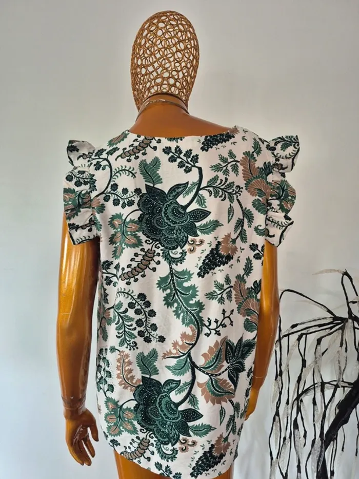 Blouse Fleurie Verte Manches Courtes Femme Taille 40/42 - photo numéro 2