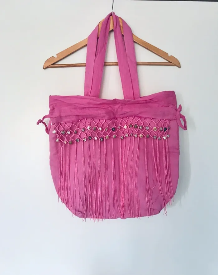 Sac de plage tissu et coquillages rose fushia