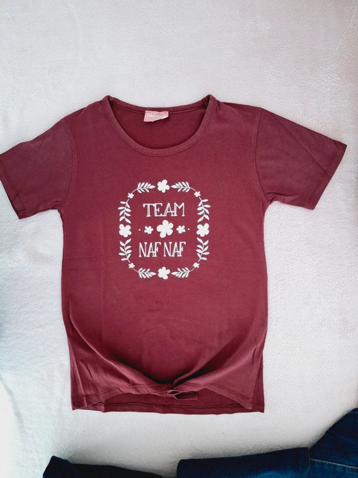 Ensemble Naf Naf 10 ans : jean coupe droite avec ceinture et t-shirt manches courtes bordeaux - photo numéro 3