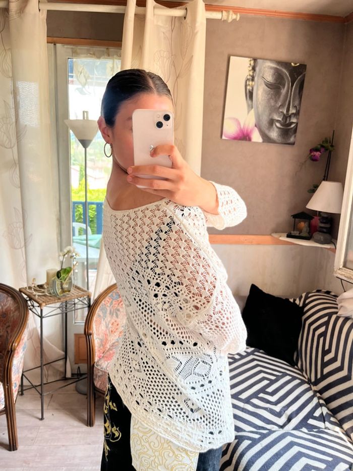Top maille filet Ibiza vintage bohème champêtre hippie y2k 2000yer asymétrique - photo numéro 4