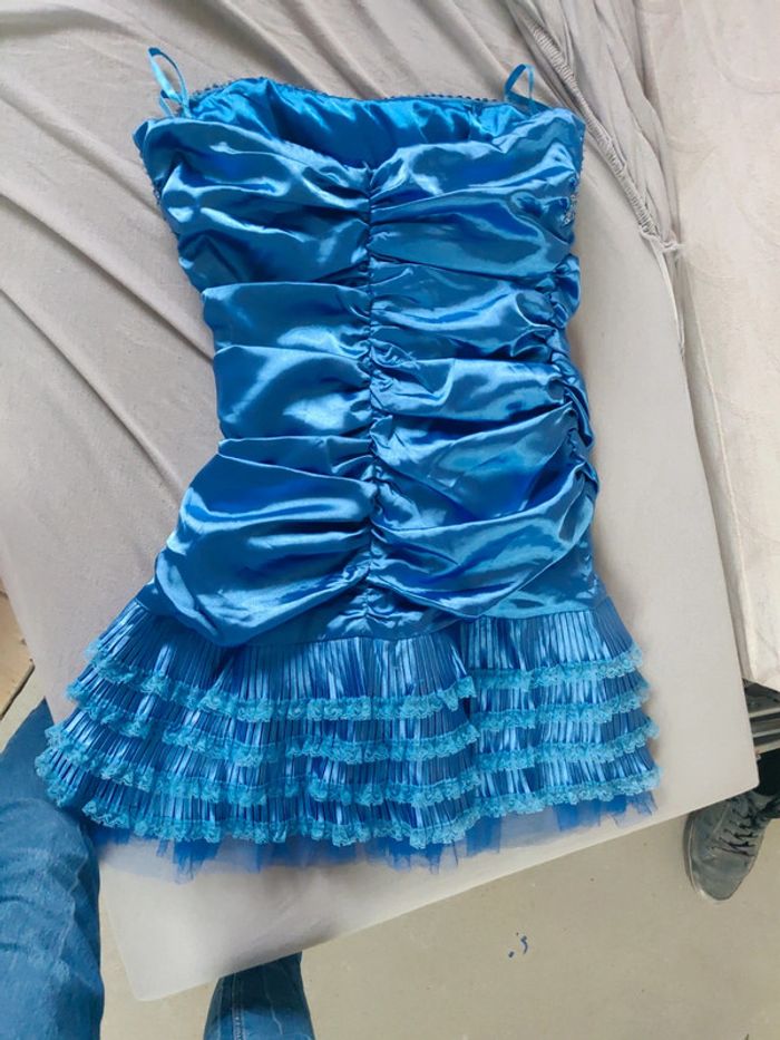 Robe bustier drapée bleue vintage à sequins - photo numéro 5