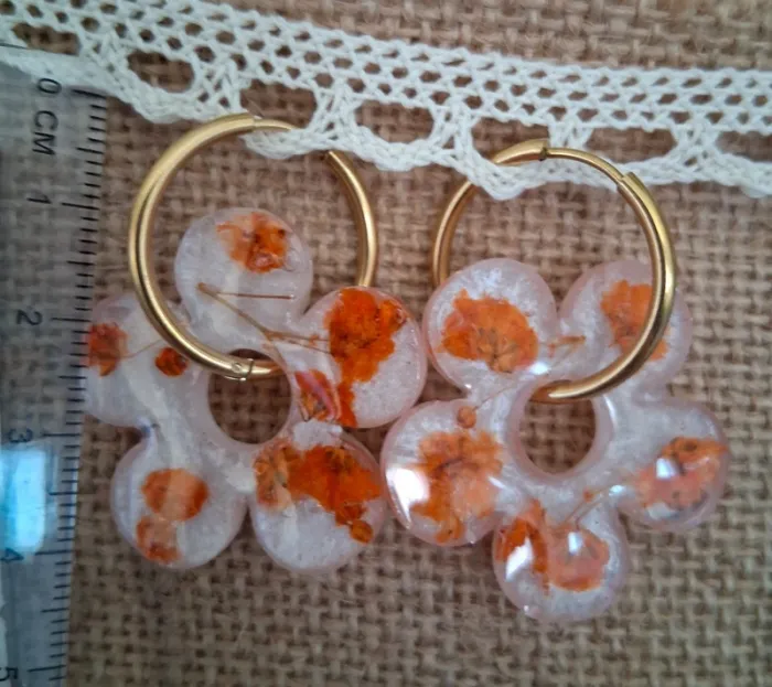 1 paire de boucles d'oreilles anneaux grandes pampilles fleurs séchées - photo numéro 6