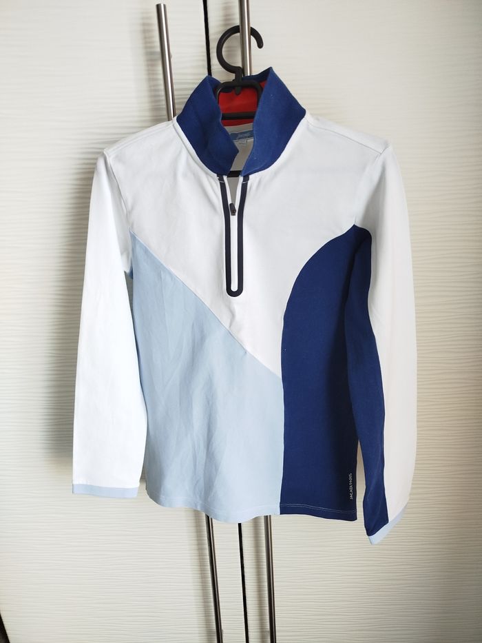 Haut polo manches longues garçon blanc bleu Jacadi 10 ans - photo numéro 1