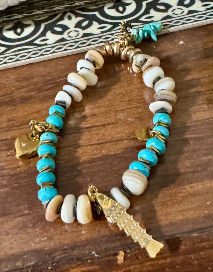 Bracelet grigri réglable habaha Paris/Red sun pierres or blanches turquoise charms - photo numéro 7