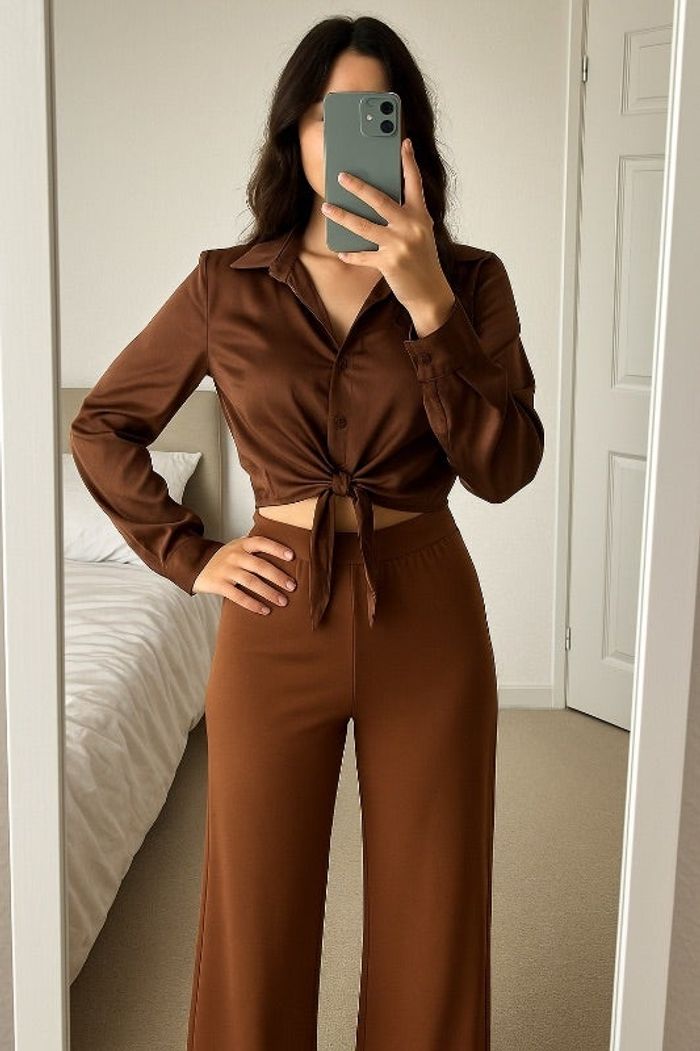 Chemise courte marron satine xs