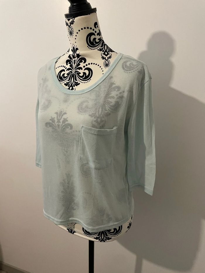 T-shirt manches 3/4 col rond poche devant transparent bleu clair Julie taille 38 - photo numéro 2