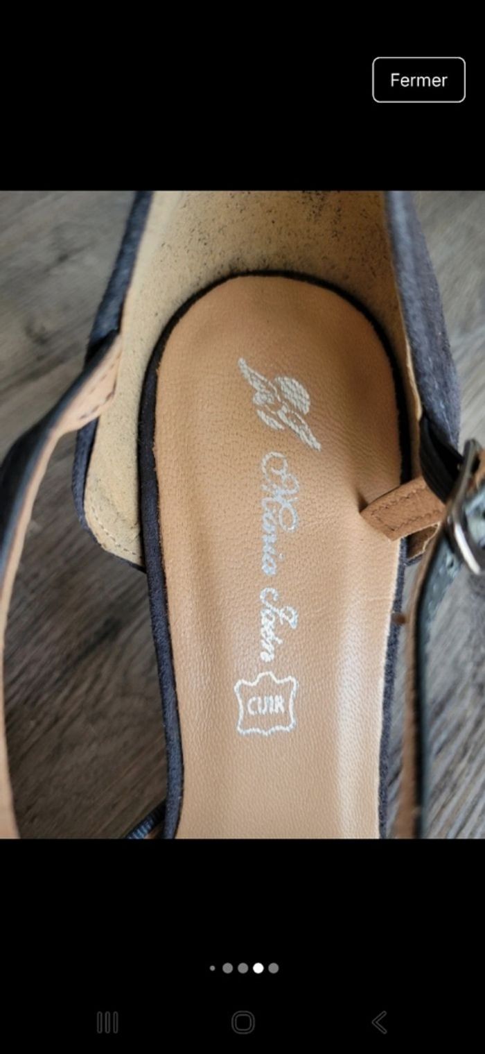 Escarpins ouvert noir anthracite cuir et daim à talon - photo numéro 4