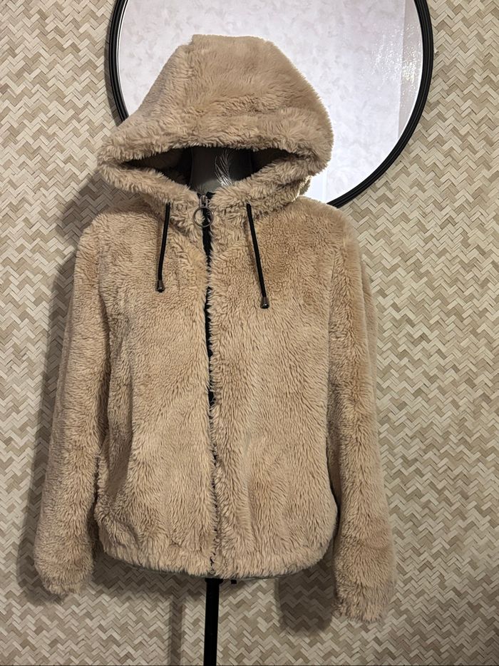 Gilet pilou-pilou beige à capuche, taille S, tout doux et cocooning - photo numéro 6