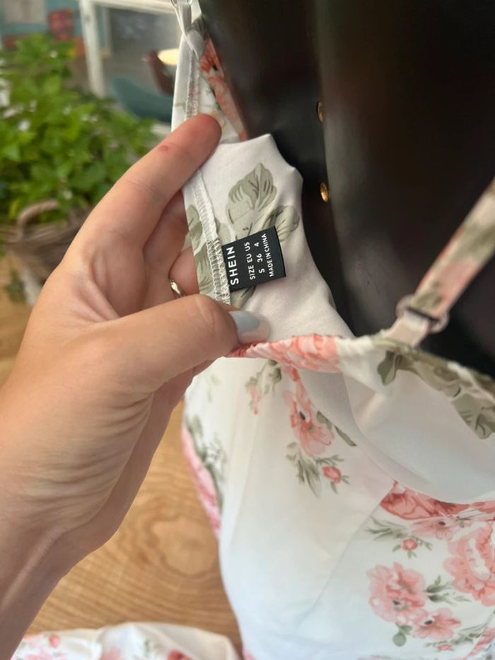 Robe bohème chic longue femme blanche à fleurs rose orangées taille S 36 shein été - photo numéro 6