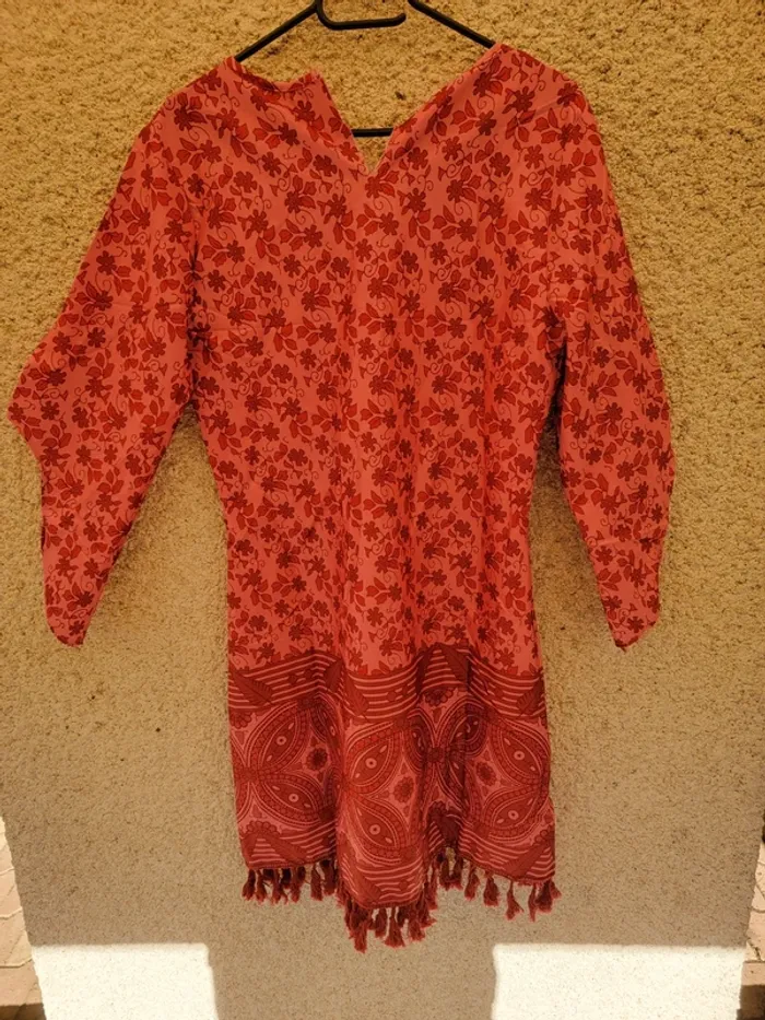 Robe ethnique vintage manche évasée à motif grunge mosaïque - photo numéro 3