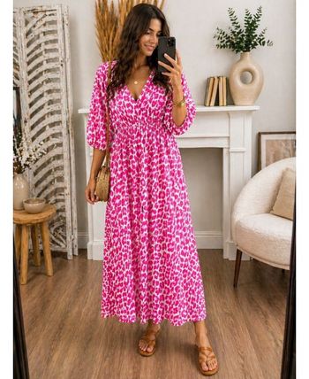 Robe longue léopard gaz de coton fushia 
