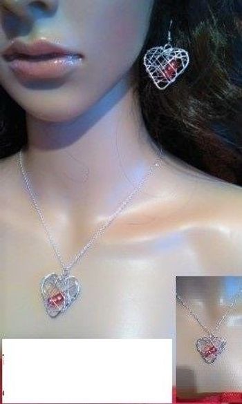 parure chaine argent 925 cœur métal doré argenté et perle rouge strass intérieur