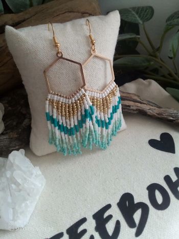 Boucles d'oreilles bohèmes hexagones à franges perlées