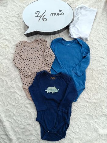 Lot de 3 bodies manches longues + 1 offert Garçon 2/6 mois rhinocéros Lupilu 100% coton bio
