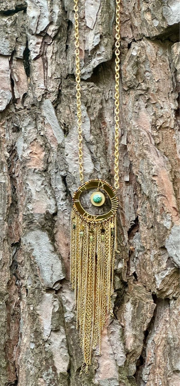 Sautoir habaha Paris acier inoxydable  chaîne  réglable chaises pierres pyrite amazonite dorés - photo numéro 7