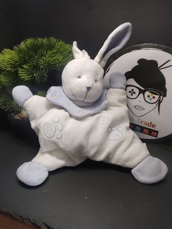 francoise saget Doudou semi plat mauve blanc Lapin peluche bleu empreinte Ancien
