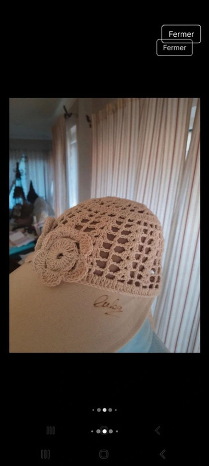 Joli Chapeau beige tricoté en coton/lin fait main - photo numéro 6