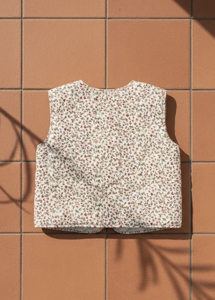 Gilet sans manches matelassé fleuri, liens à nouer, taille M, style bohème rétro chic - photo numéro 2