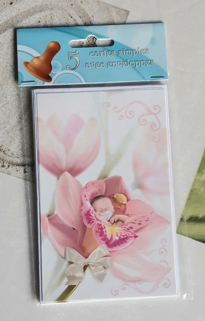 Lot de 5 cartes faire-part bébé fille avec enveloppes
