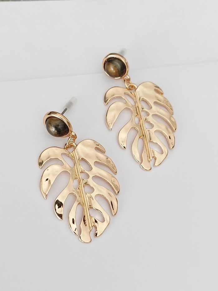 Paire de boucles d'oreilles pendantes - feuille doré - acier inoxydable - neuves 🌴 - photo numéro 5