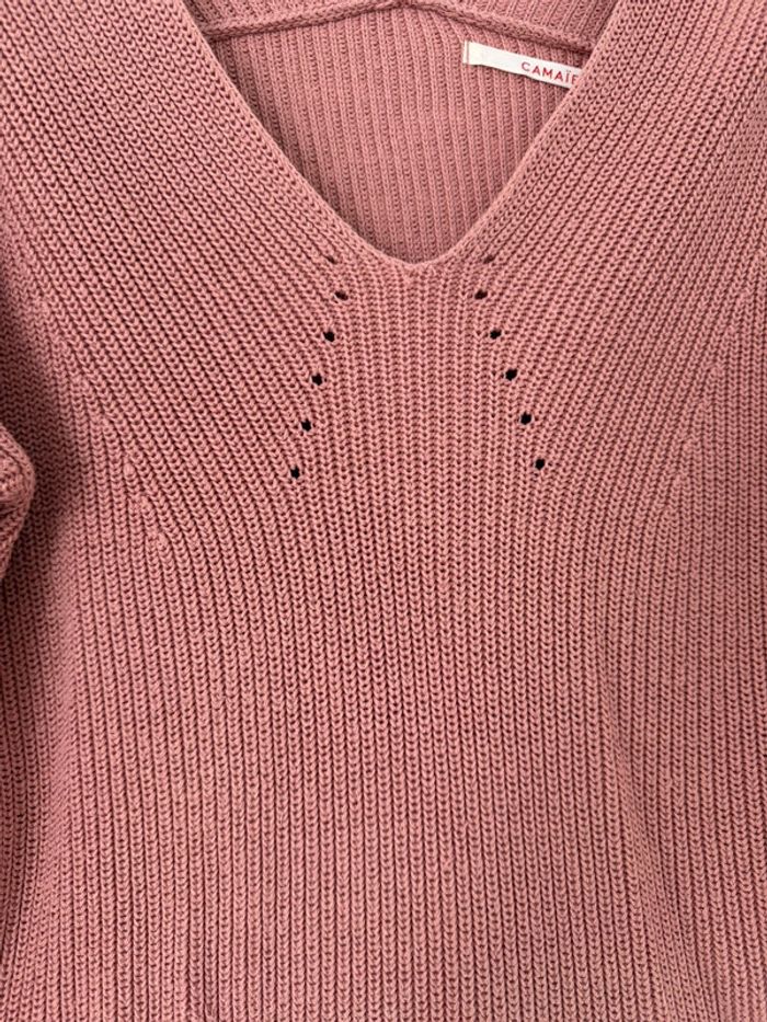 Pull d'hiver épais en maille rose poudré col V uni basique simple - photo numéro 2