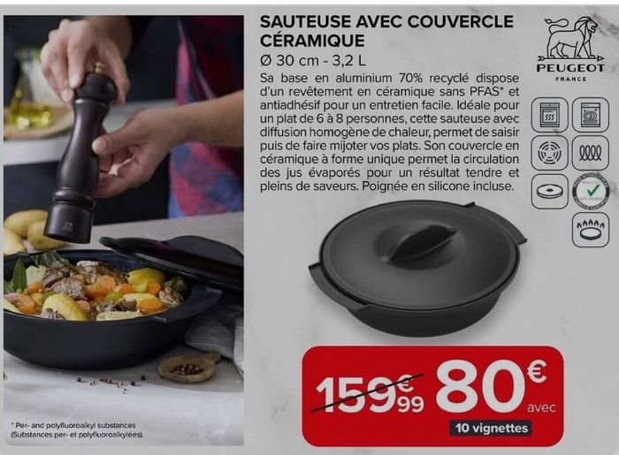 Sauteuse avec couvercle Peugeot en céramique 30cm neuve jamais déballée - photo numéro 3