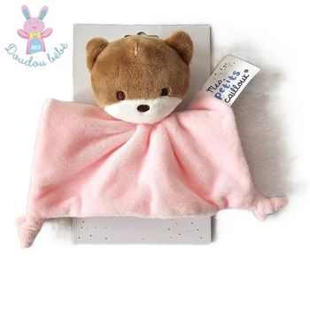 Doudou plat Ours marron blanc rose Mes Petits Cailloux