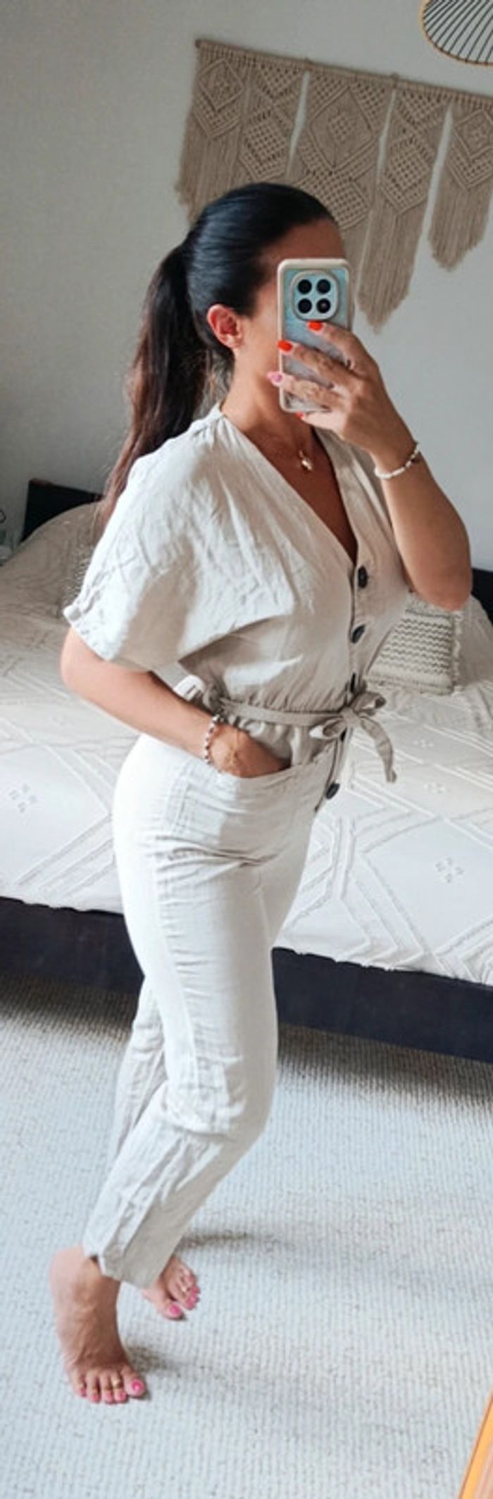 Combinaison Zara Basic S beige crème avec gros boutons et ceinture assortie coton lin - photo numéro 2