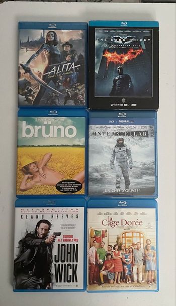 lot de 6 blu-ray (Alita, Batman, Brüno,  John Wick, Interstellar, la Cage Dorée)